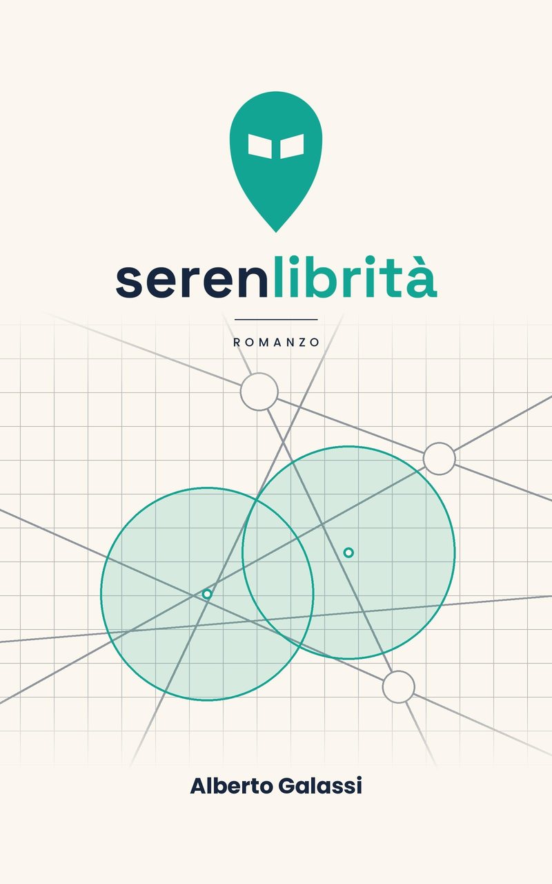 La copertina del romanzo: il segnaposto di Serenlibrità sopra due cerchi che si sovrappongono su una mappa a quadretti